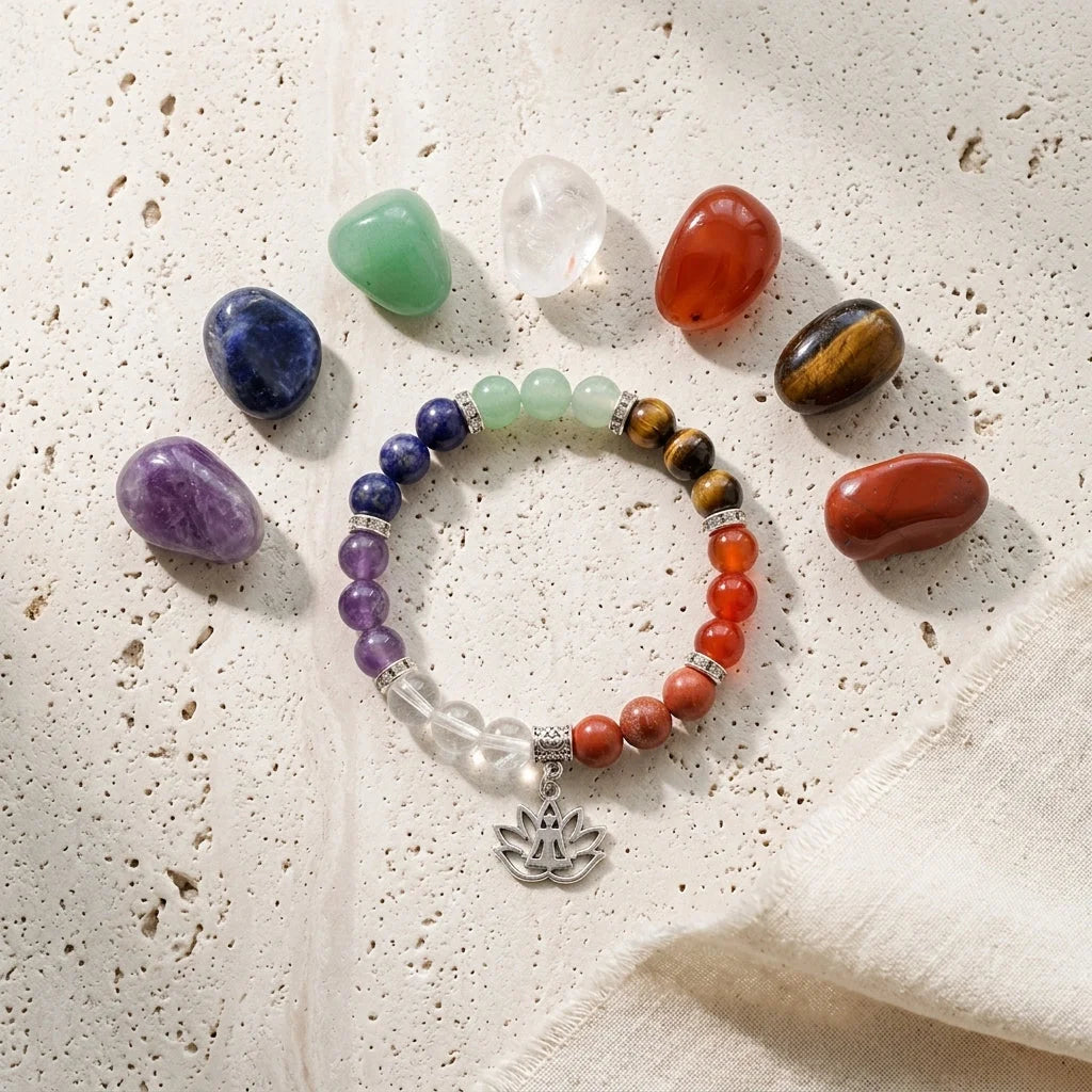 Polished Crystals Bracelet Set For Daily Balance - Yoga Symbol Bracelet Set