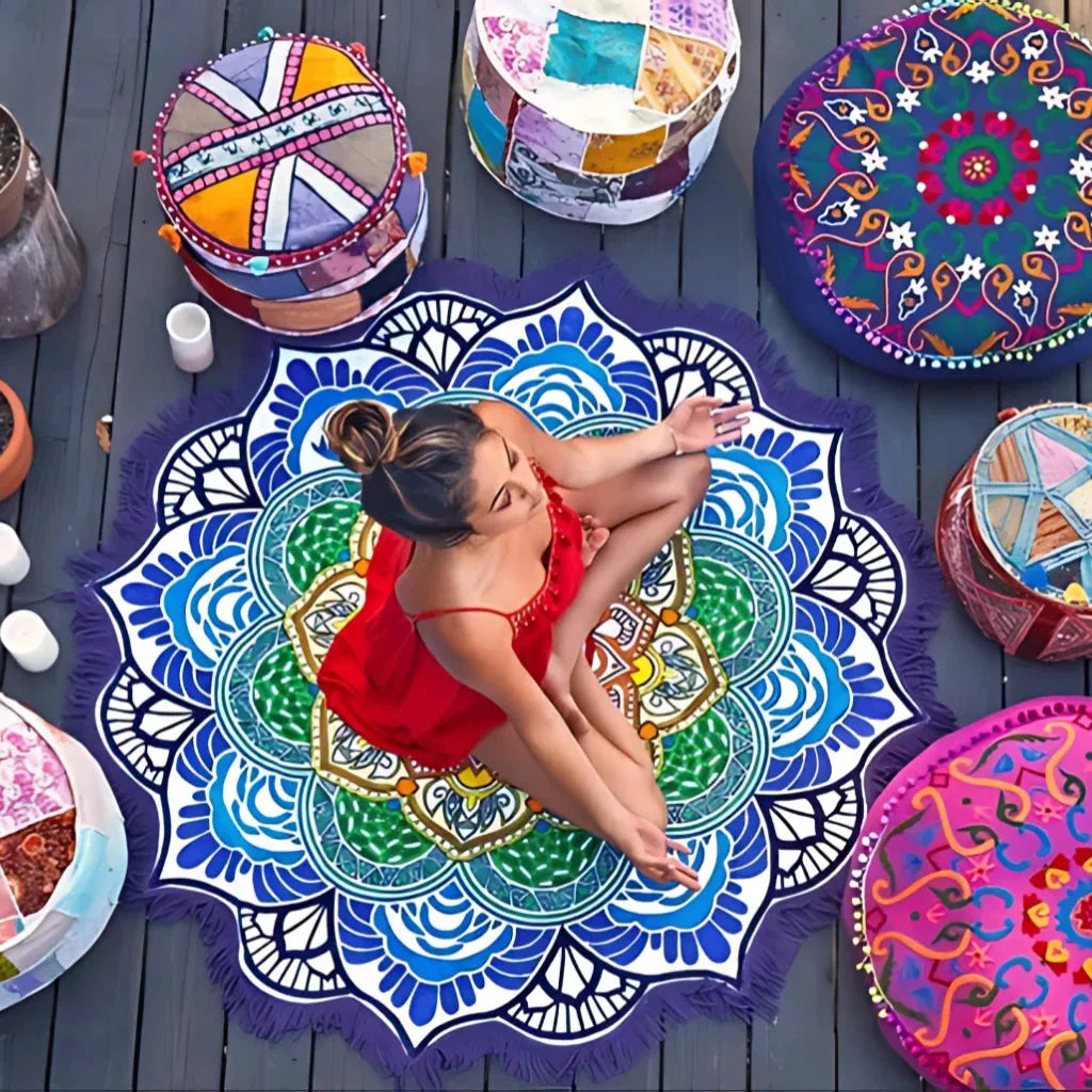 Round Boho Meditation Carpet For Mindful Living Spaces - Blue