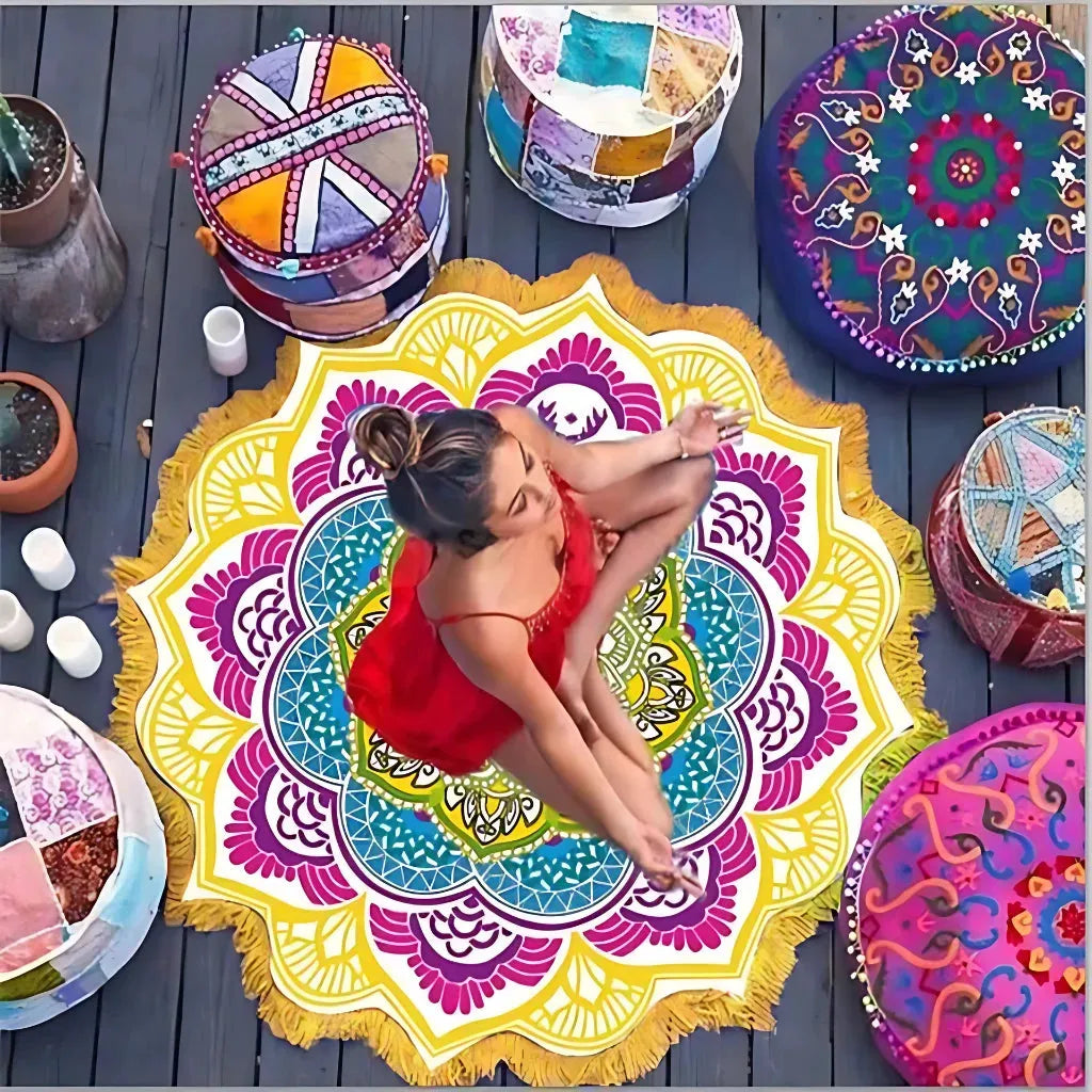 Round Boho Meditation Carpet For Mindful Living Spaces - Yellow B