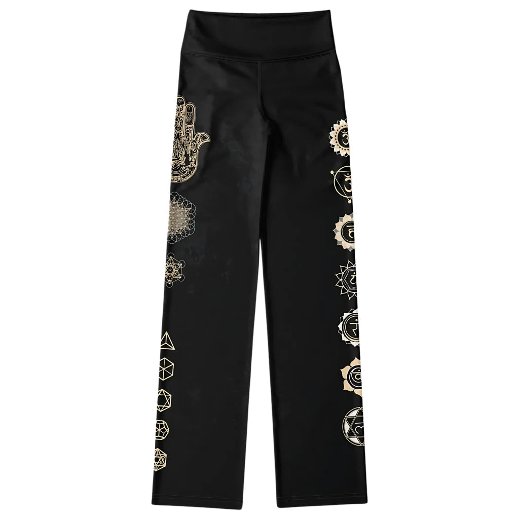 Sacred Symbols Flared Yoga Pants In Star Sky Black