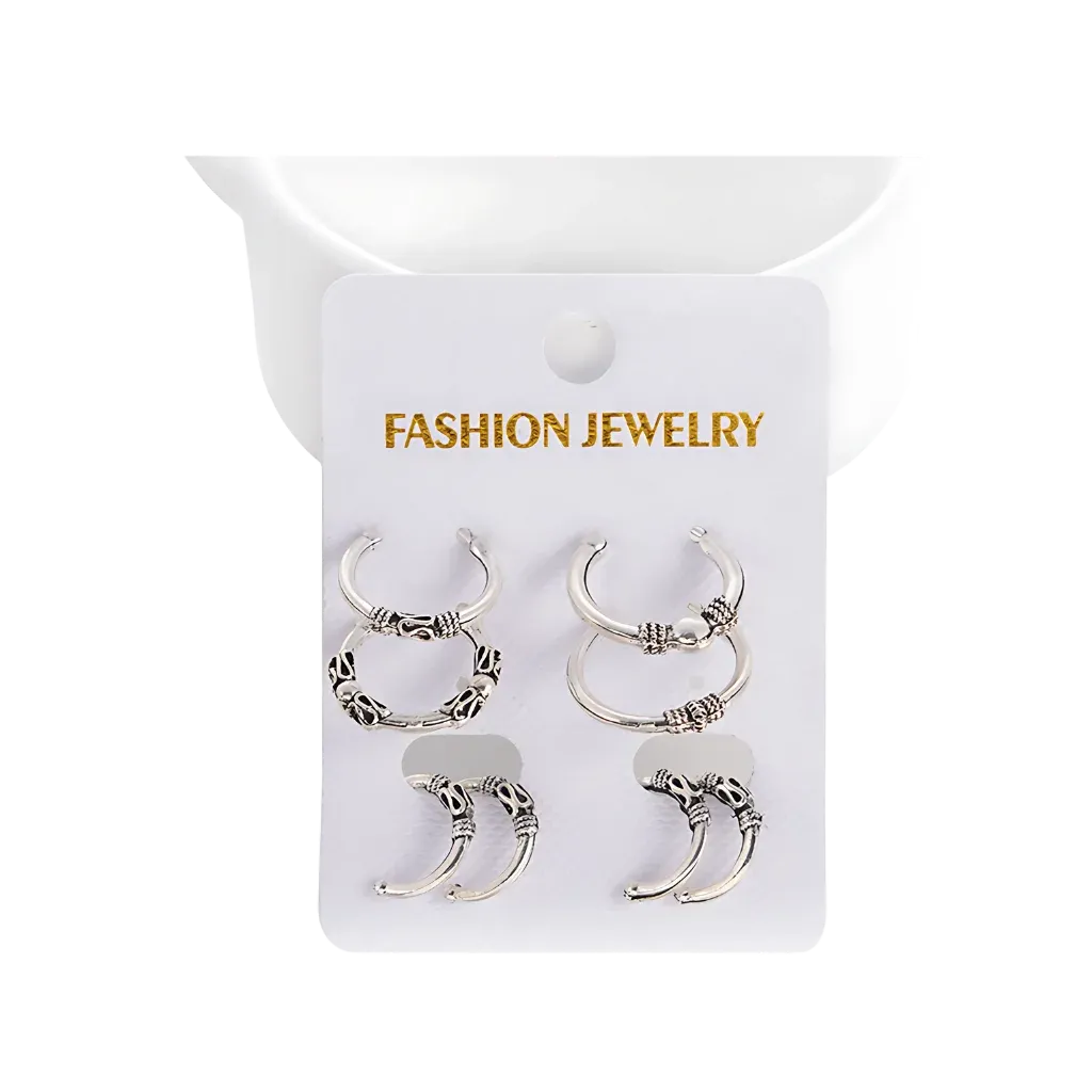 Silver Fusion Boho Hoops Earring Set - Antique Silver / one size
