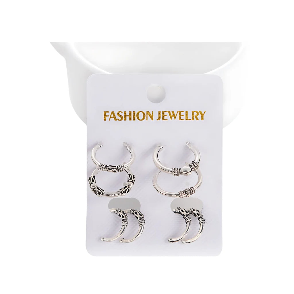 Silver Fusion Boho Hoops Earring Set - Antique Silver / one size