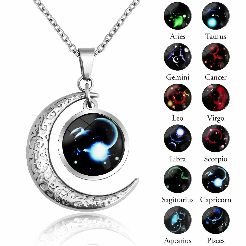 Silver Pendant Necklace With Celestial Zodiac Glow