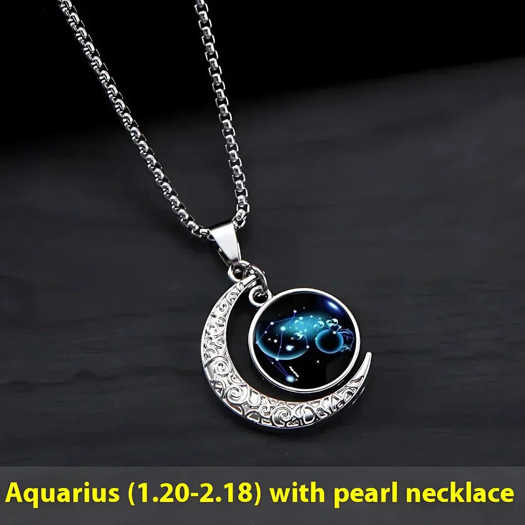 Silver Pendant Necklace With Celestial Zodiac Glow - Aquarius