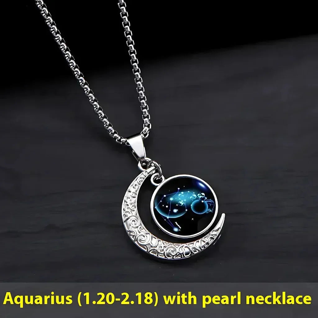 Silver Pendant Necklace With Celestial Zodiac Glow - Aquarius