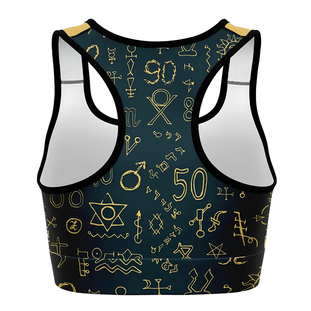 Sport Bra For Yoga With Golden Mystic Symbols