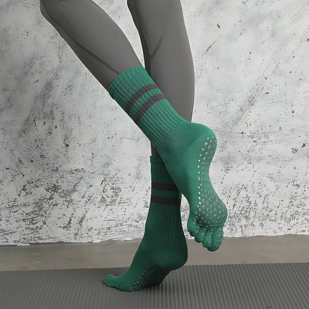 Striped Yoga Socks Toes With Non Slip And Breathable Fit - Green / one size