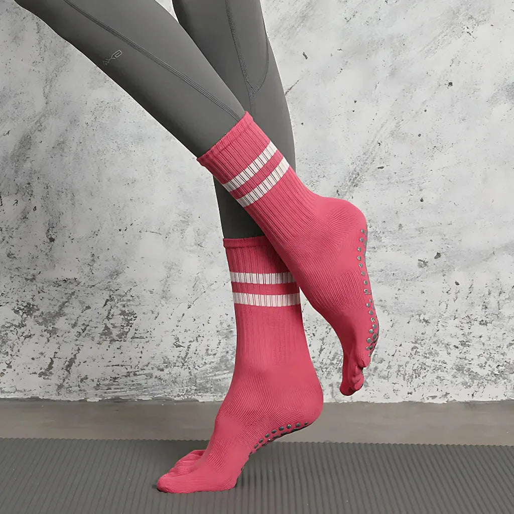 Striped Yoga Socks Toes With Non Slip And Breathable Fit - Pink / one size