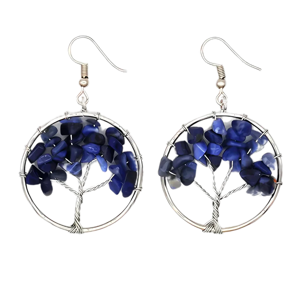 Tree Of Life Boho Hippie Earrings With Natural Stones - Blue