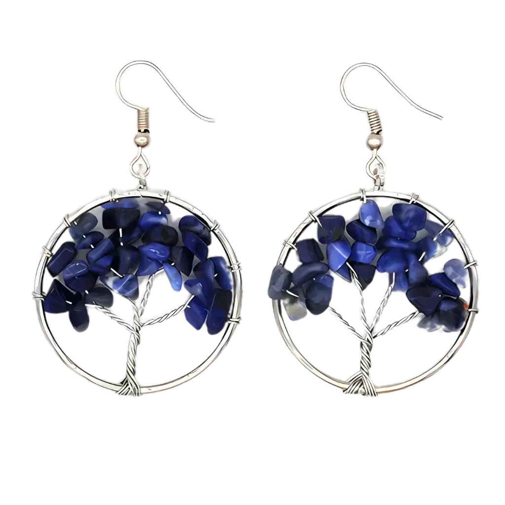 Tree Of Life Boho Hippie Earrings With Natural Stones - Blue