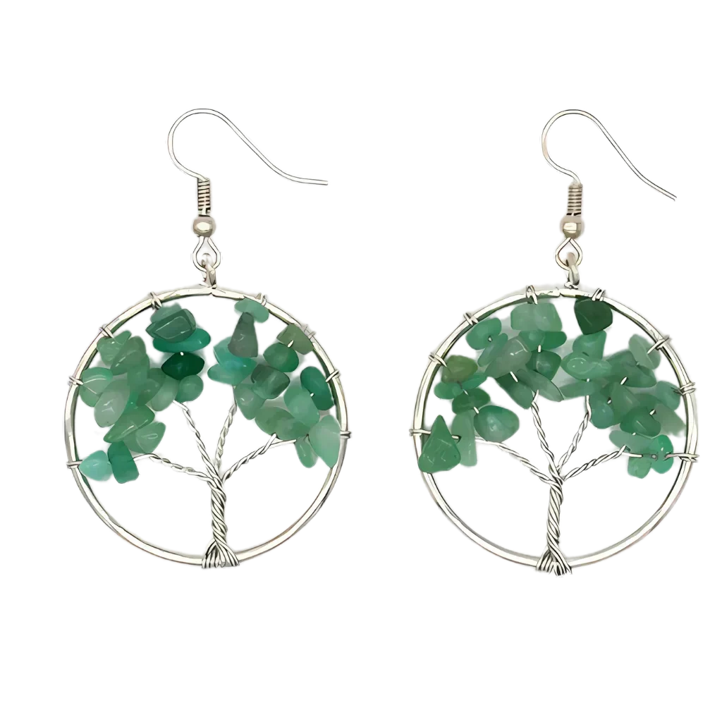 Tree Of Life Boho Hippie Earrings With Natural Stones - Green
