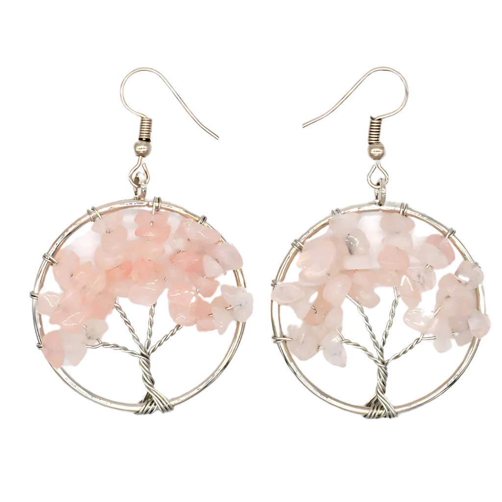 Tree Of Life Boho Hippie Earrings With Natural Stones - Pink