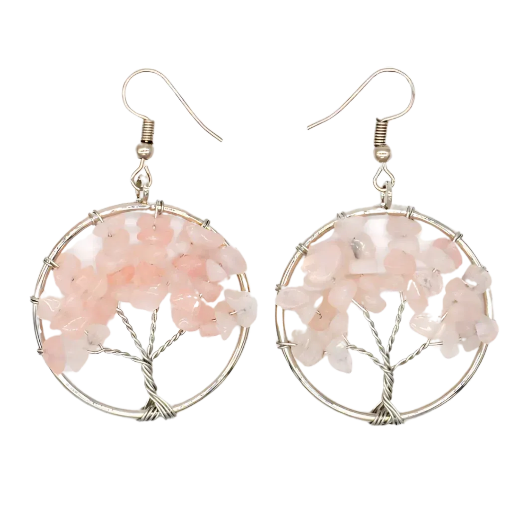 Tree Of Life Boho Hippie Earrings With Natural Stones - Pink