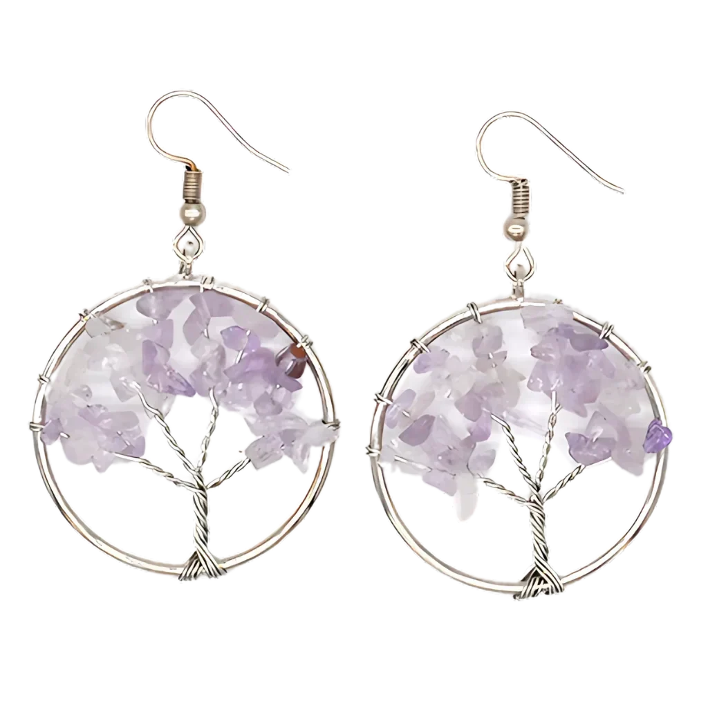 Tree Of Life Boho Hippie Earrings With Natural Stones - Purple