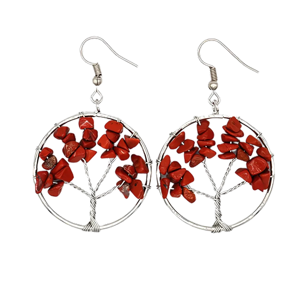 Tree Of Life Boho Hippie Earrings With Natural Stones - Red