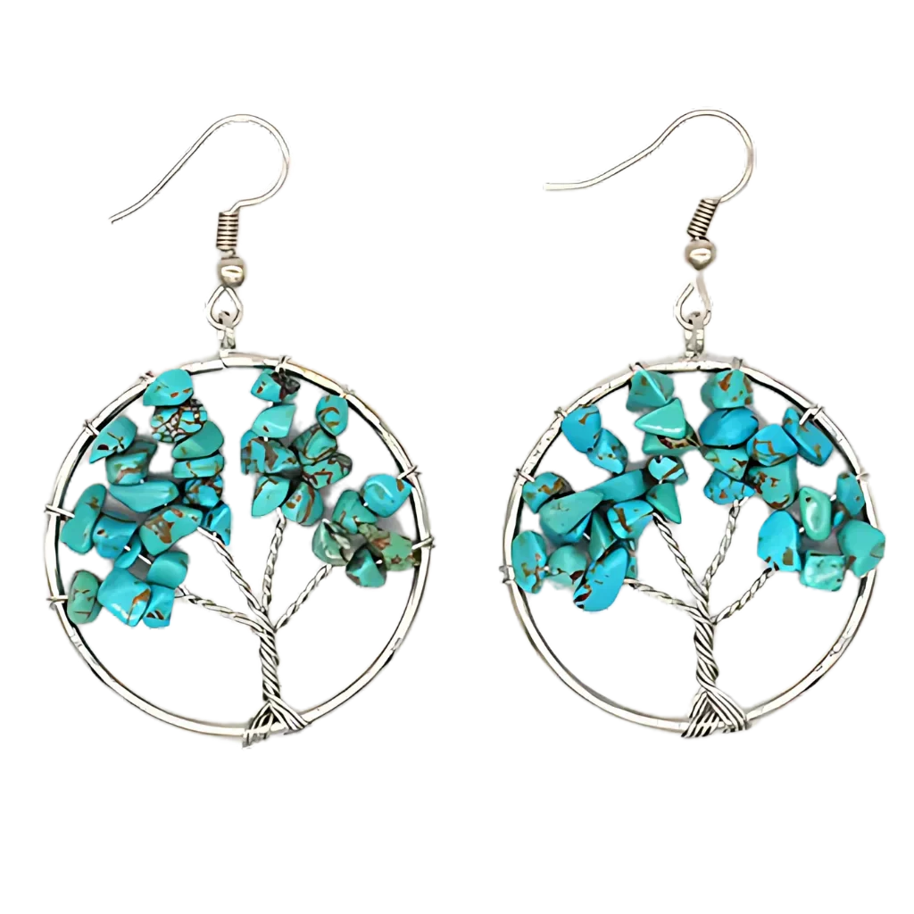 Tree Of Life Boho Hippie Earrings With Natural Stones - Turquoise