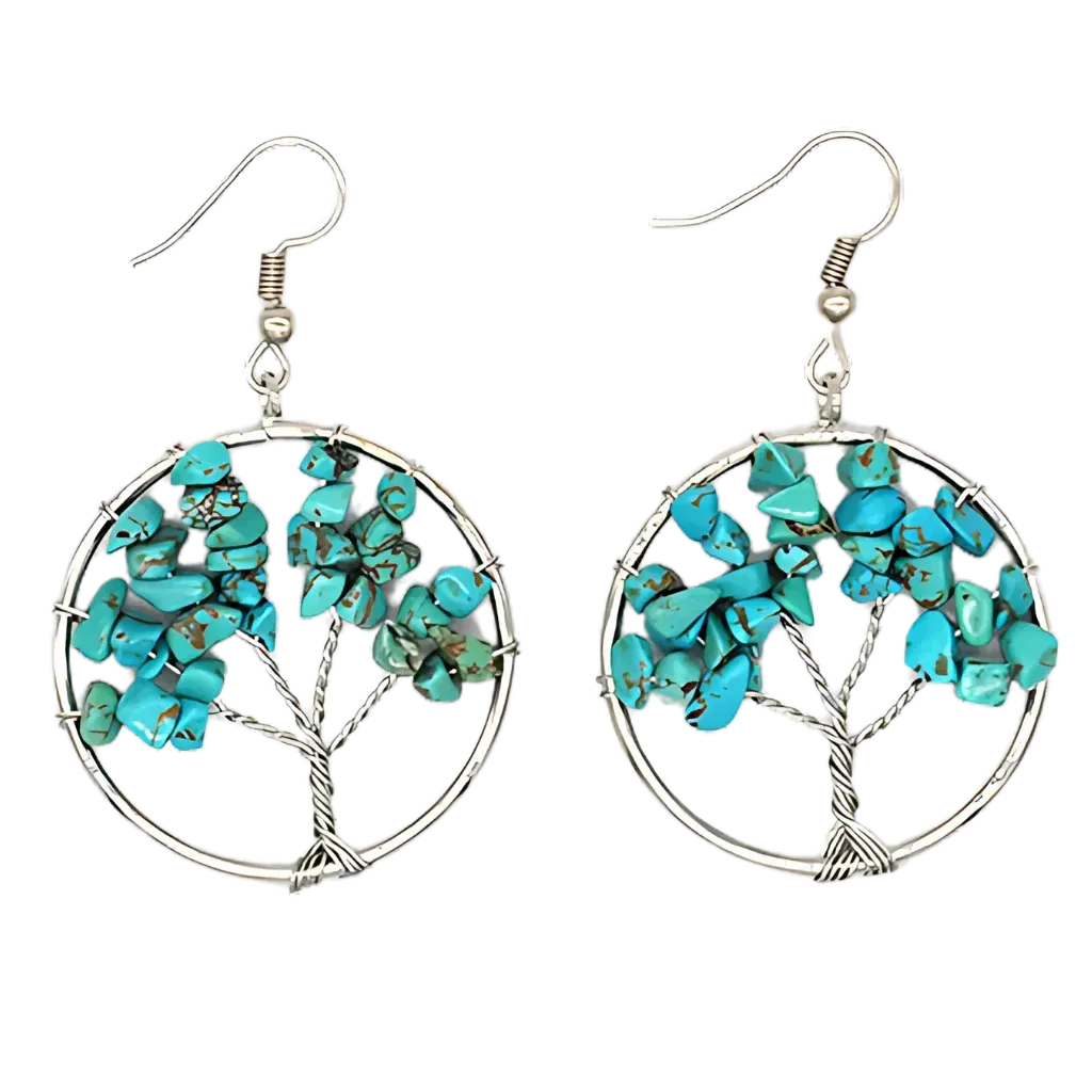 Tree Of Life Boho Hippie Earrings With Natural Stones - Turquoise