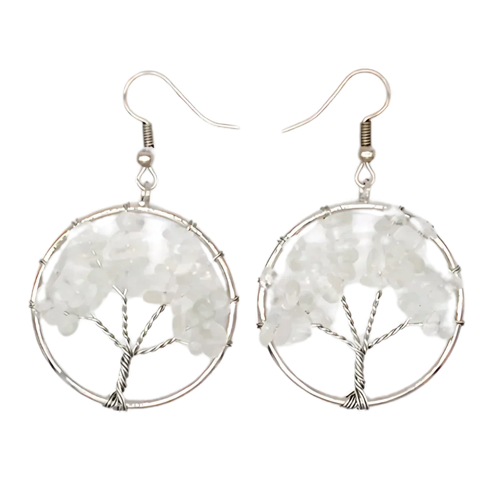 Tree Of Life Boho Hippie Earrings With Natural Stones - White