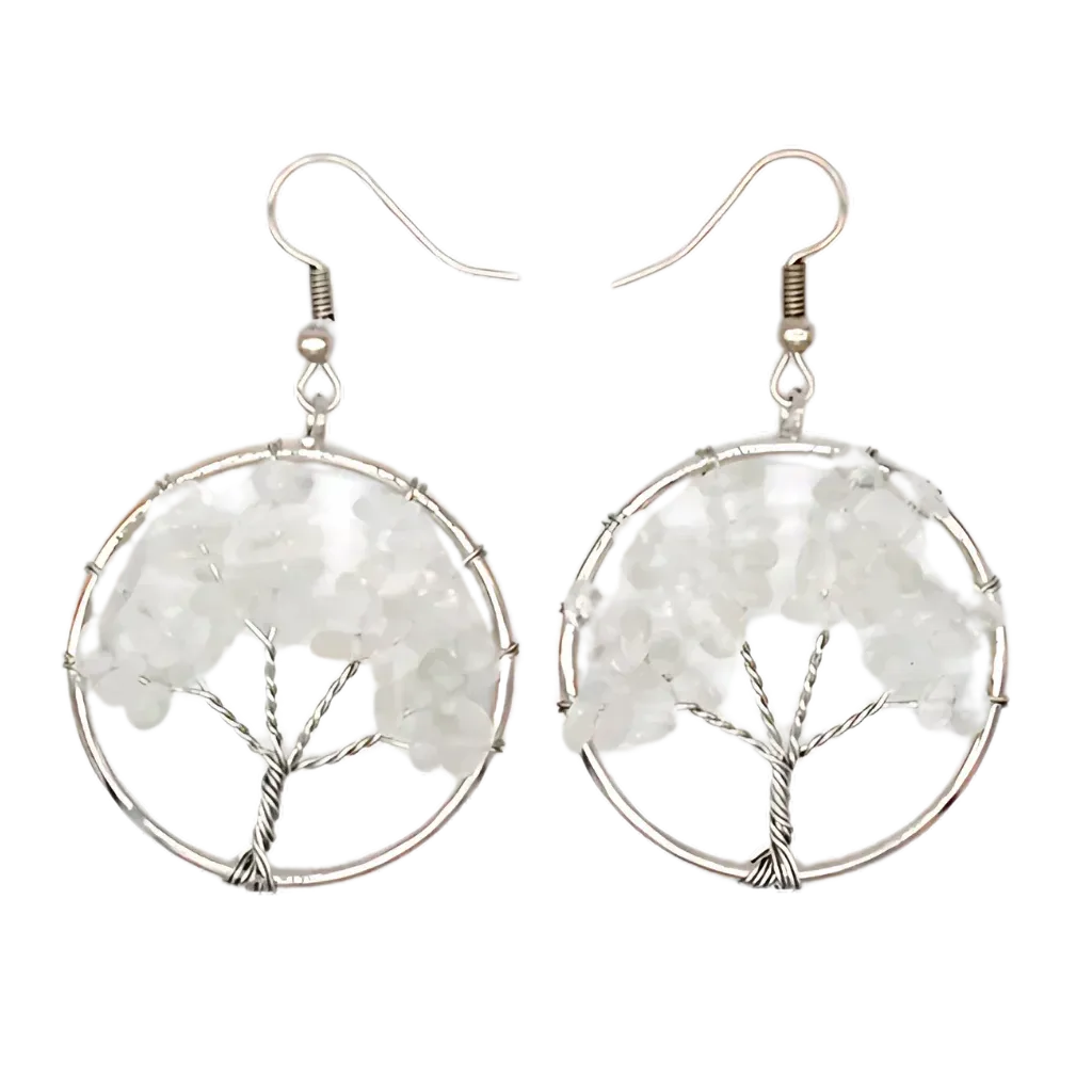 Tree Of Life Boho Hippie Earrings With Natural Stones - White