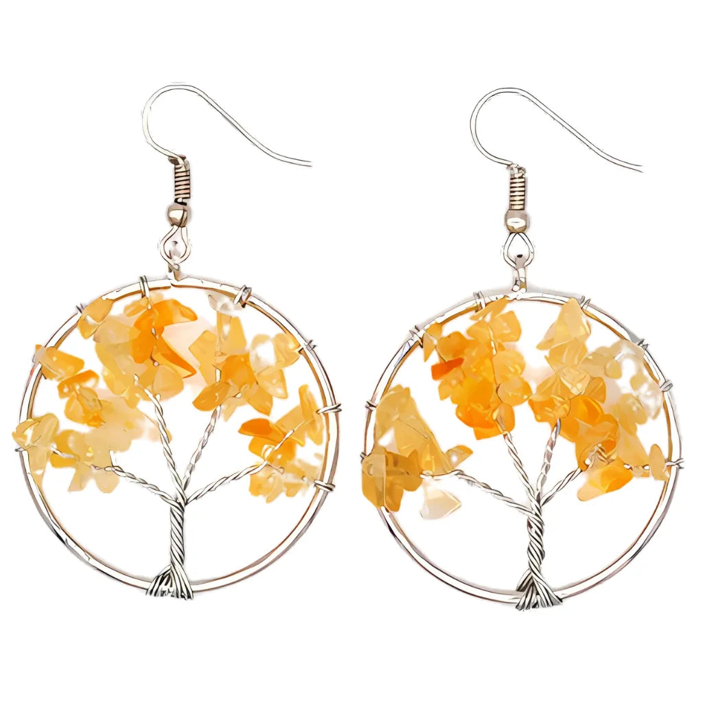 Tree Of Life Boho Hippie Earrings With Natural Stones - Yellow