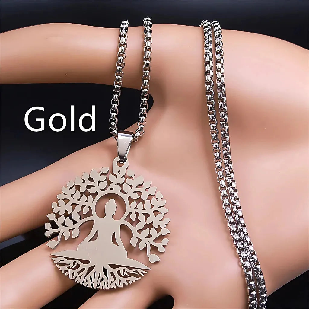 Tree Of Life Pendant With Buddha And Sacred Geometry - Gold 60cm