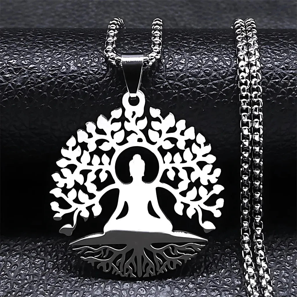 Tree Of Life Pendant With Buddha And Sacred Geometry - Silver 60cm