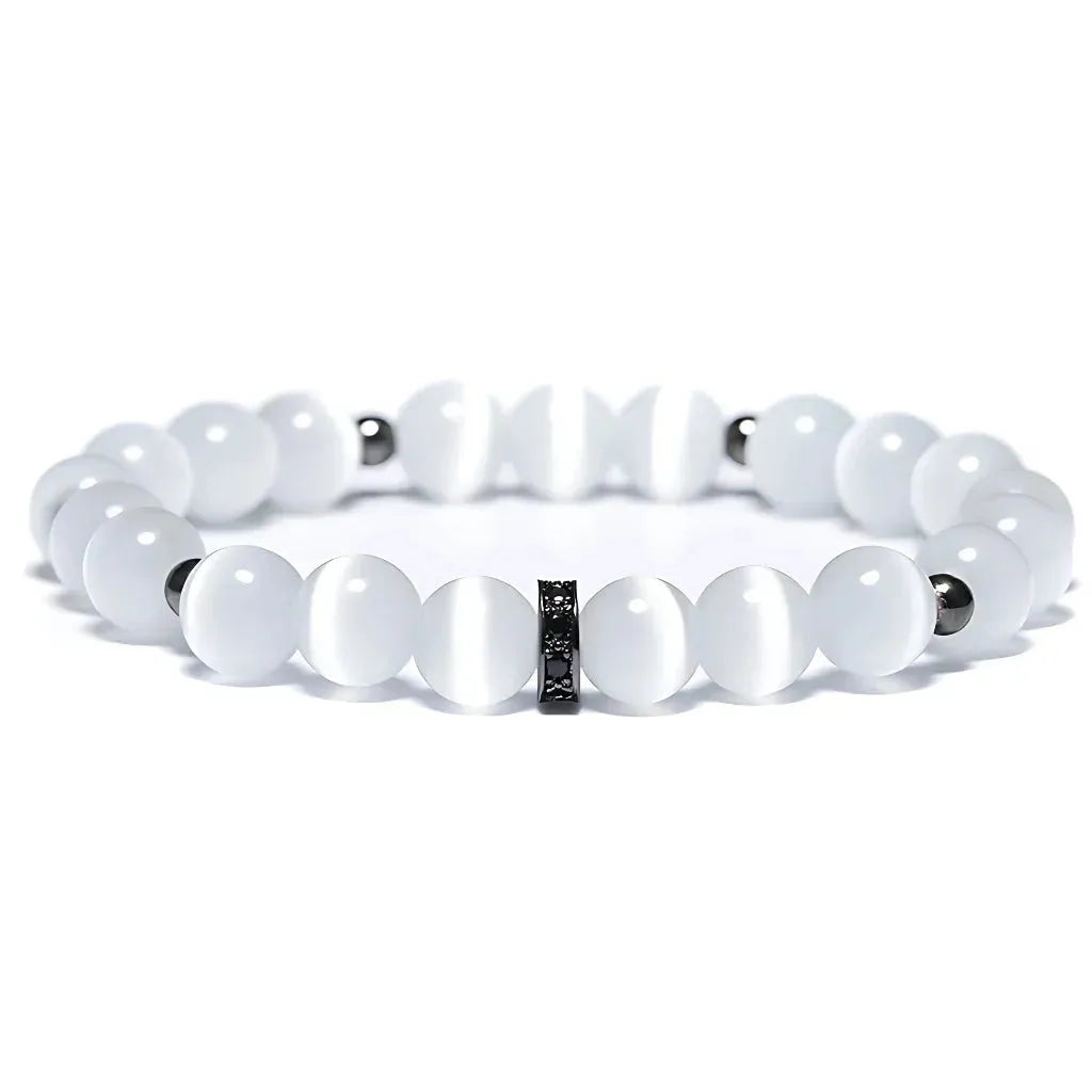 White Beads Bracelet With Natural Stone Detail - Black