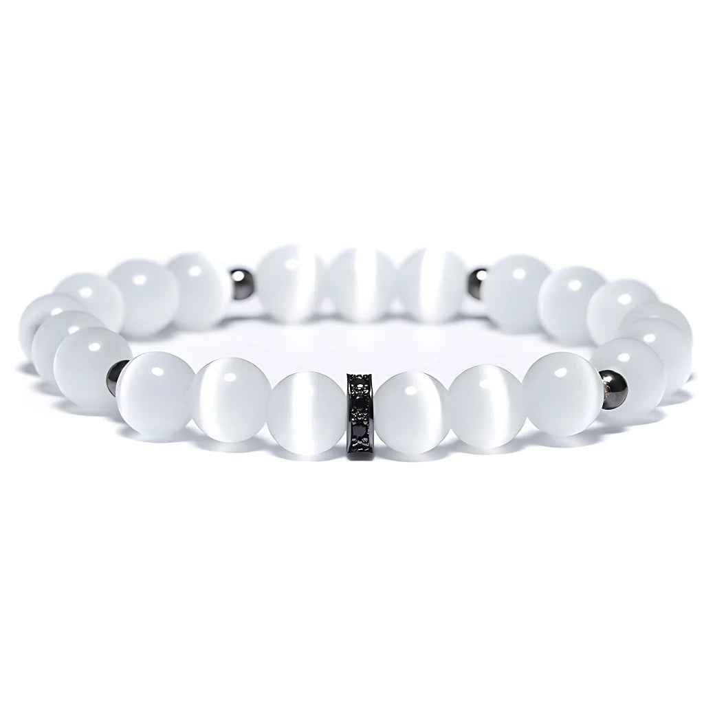 White Beads Bracelet With Natural Stone Detail - Black