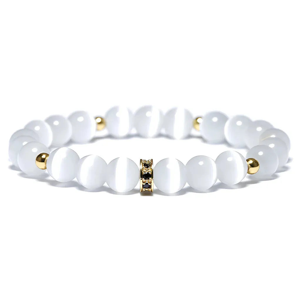 White Beads Bracelet With Natural Stone Detail - Gold