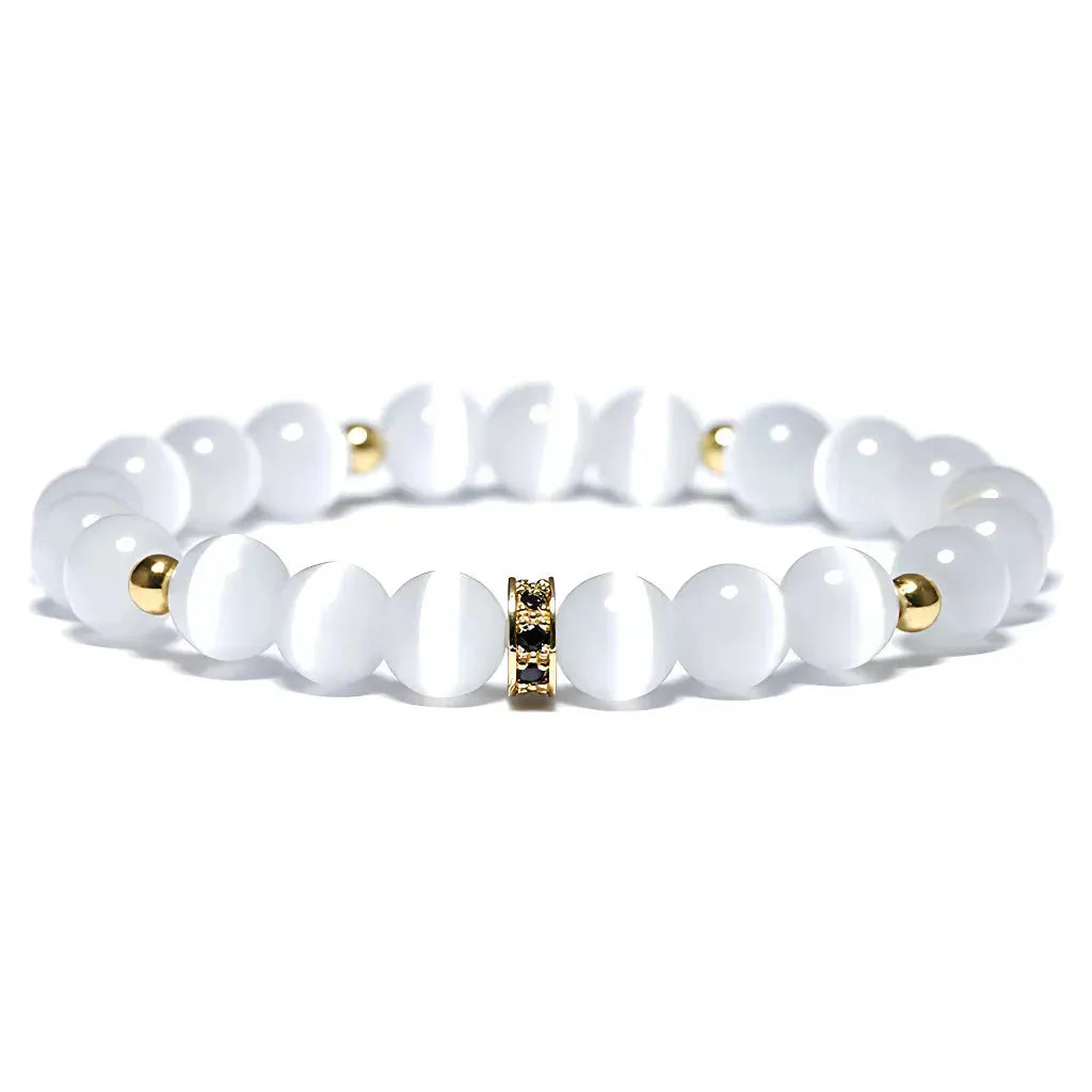 White Beads Bracelet With Natural Stone Detail - Gold