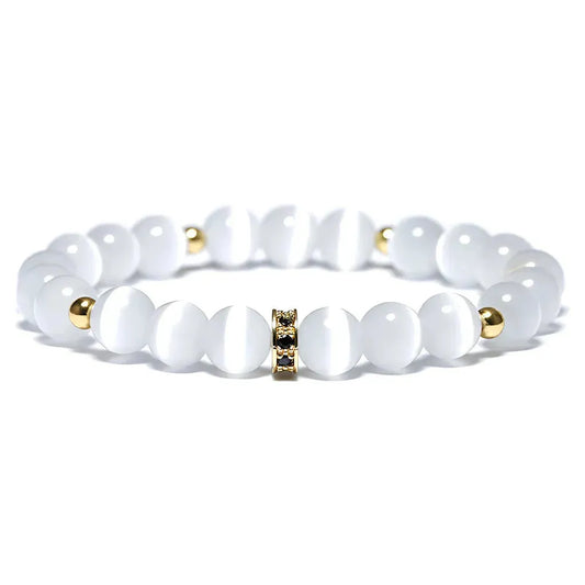 White Beads Bracelet With Natural Stone Detail - Gold