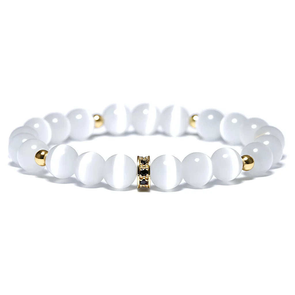 White Beads Bracelet With Natural Stone Detail - Gold