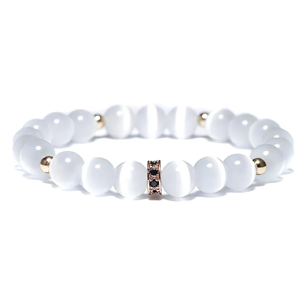 White Beads Bracelet With Natural Stone Detail - Rose Gold