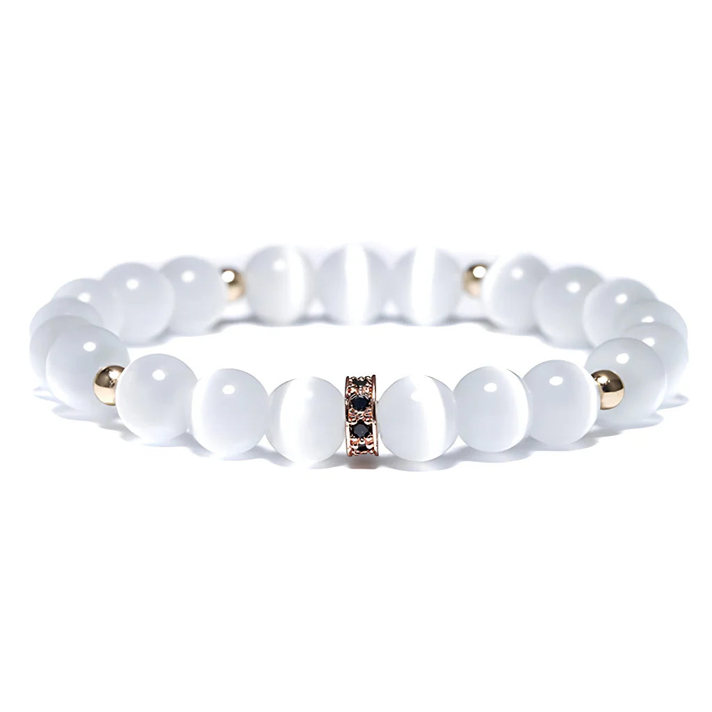 White Beads Bracelet With Natural Stone Detail - Rose Gold