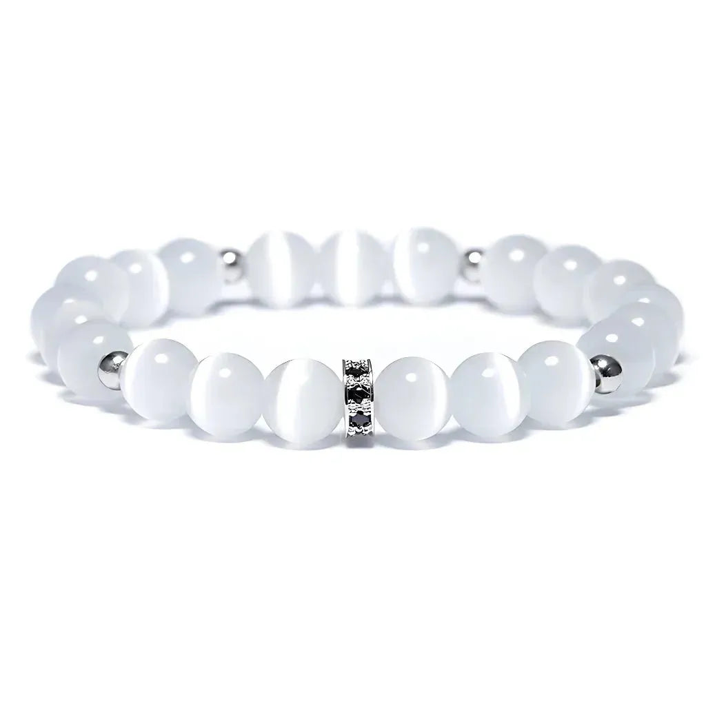 White Beads Bracelet With Natural Stone Detail - Silver