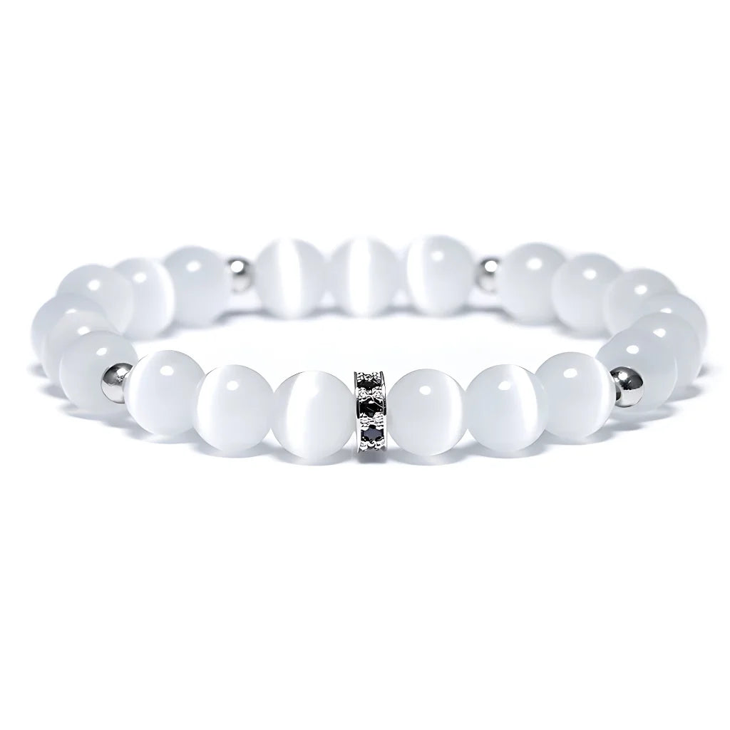 White Beads Bracelet With Natural Stone Detail - Silver