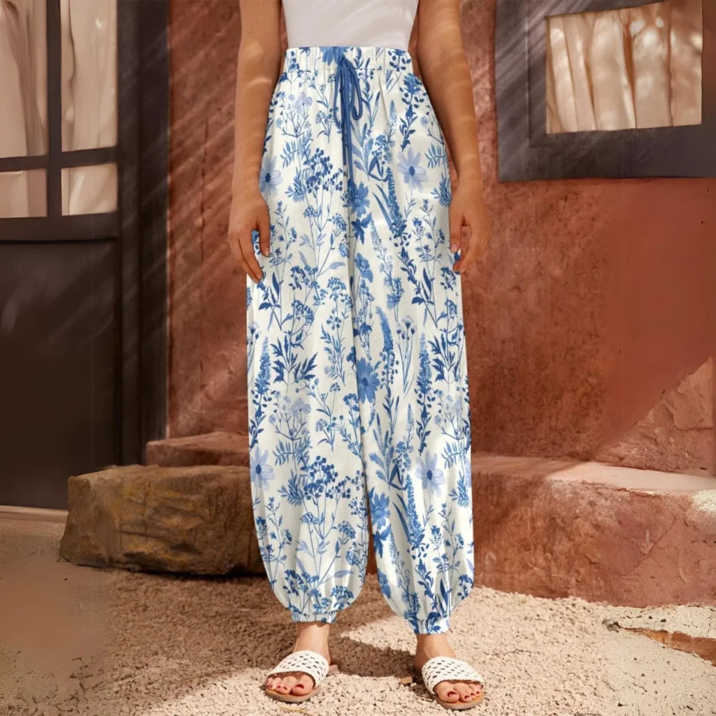 White Harem Pants With Toile De Jouy Floral Print