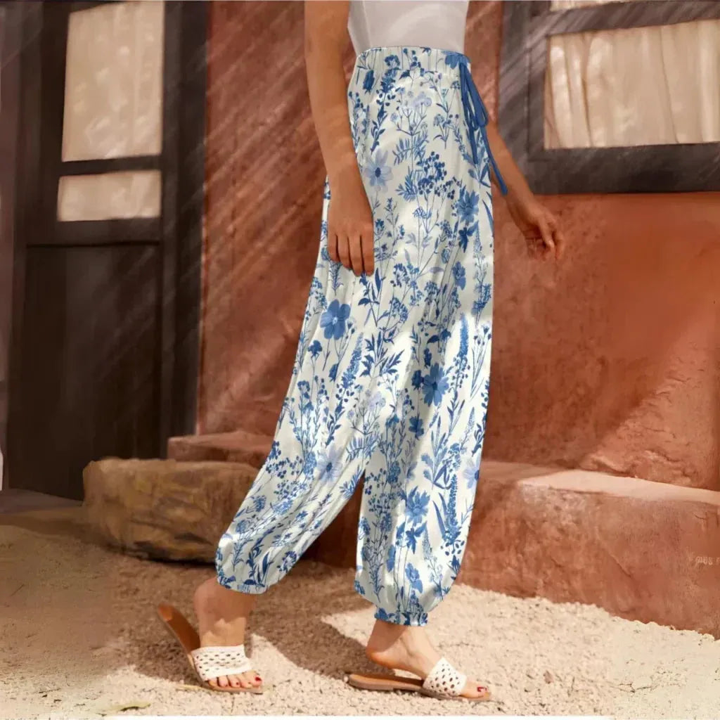 White Harem Pants With Toile De Jouy Floral Print