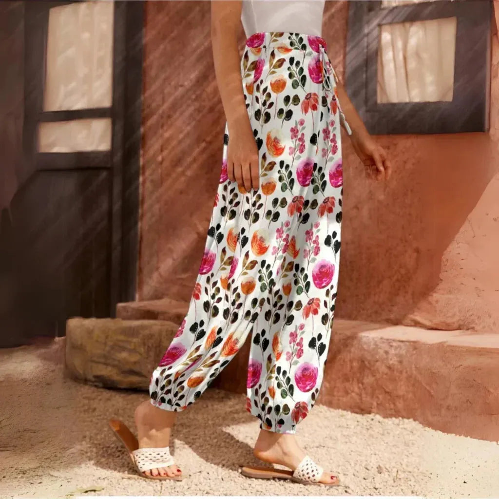 White Harem Pants Women With Watercolor Floral Print