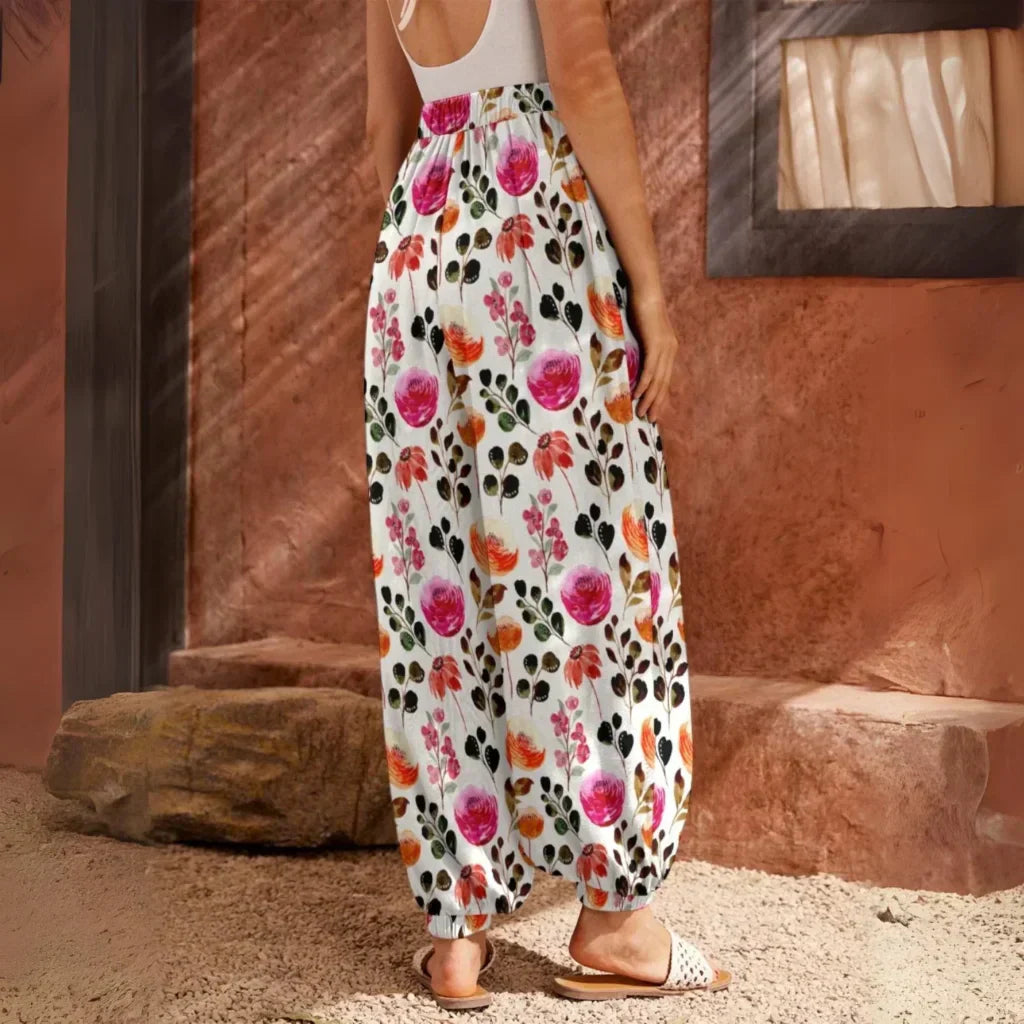 White Harem Pants Women With Watercolor Floral Print