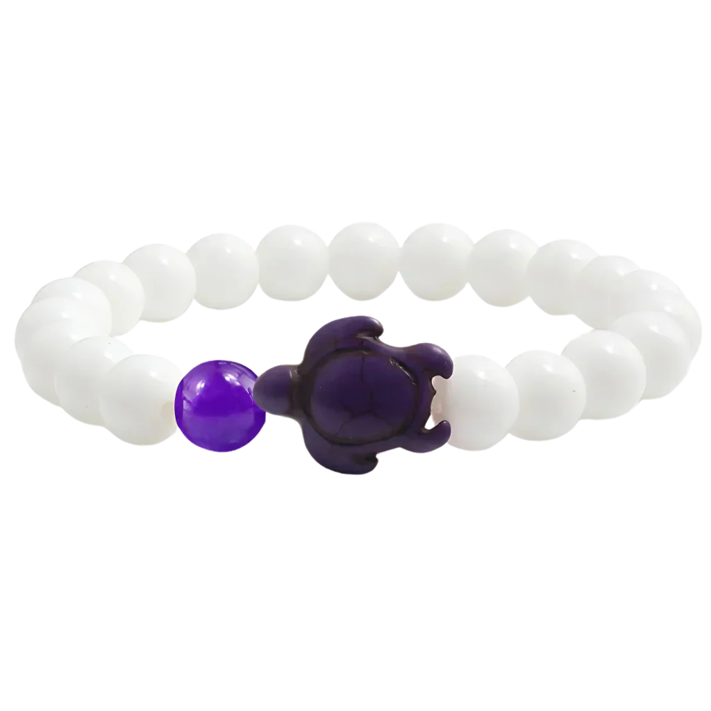 White Stone Bracelet With Turtle Charm Design - Amethyst