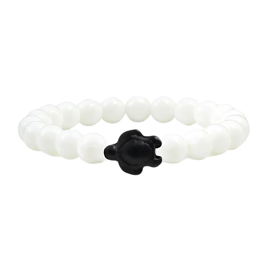 White Stone Bracelet With Turtle Charm Design - Black