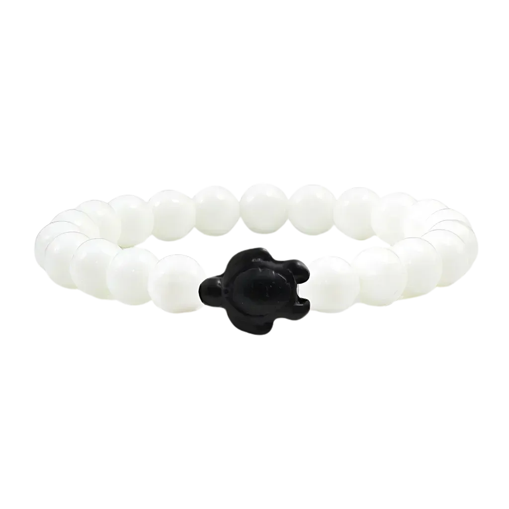 White Stone Bracelet With Turtle Charm Design - Black