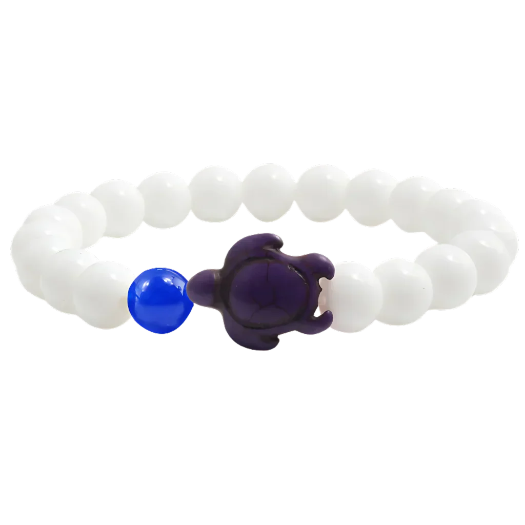 White Stone Bracelet With Turtle Charm Design - Dark Blue Golden Blue