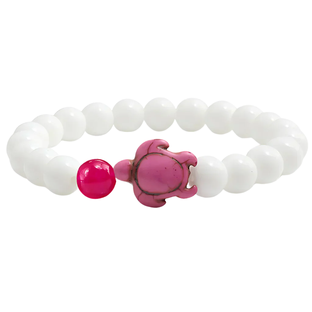 White Stone Bracelet With Turtle Charm Design - Dark Pink Treasure