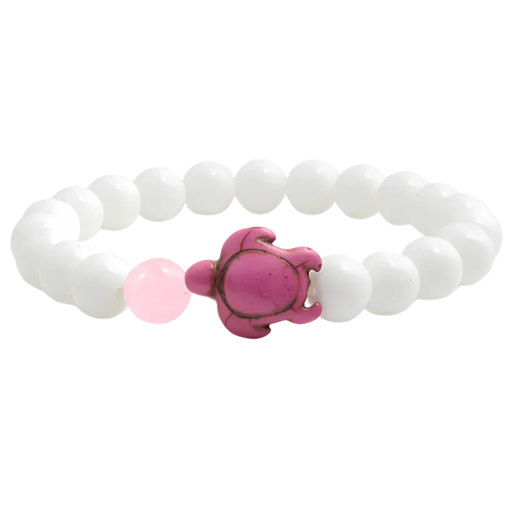 White Stone Bracelet With Turtle Charm Design - Pink Crystal