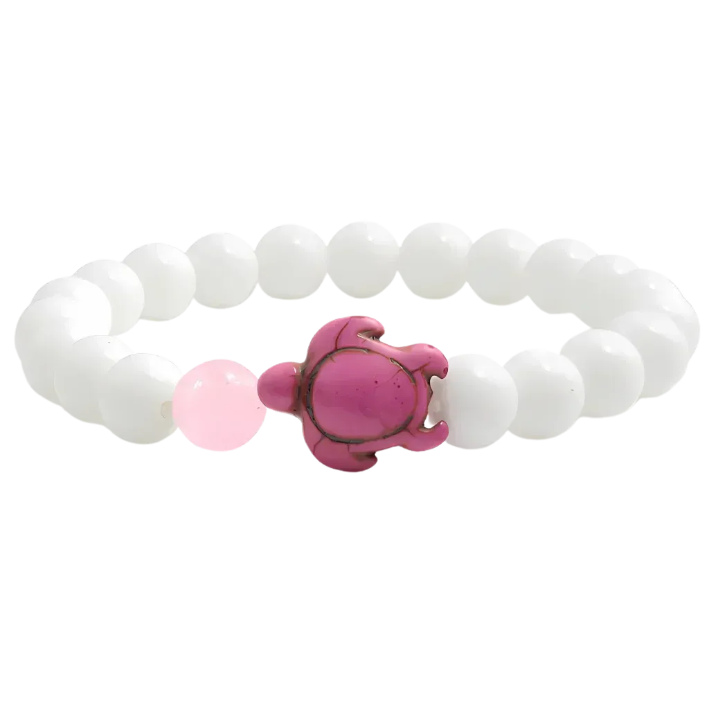 White Stone Bracelet With Turtle Charm Design - Pink Crystal