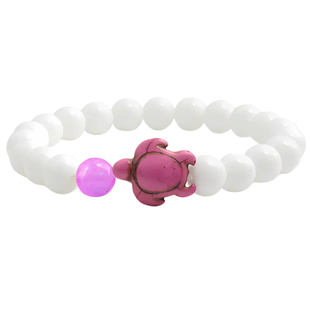 White Stone Bracelet With Turtle Charm Design - Purplish Red