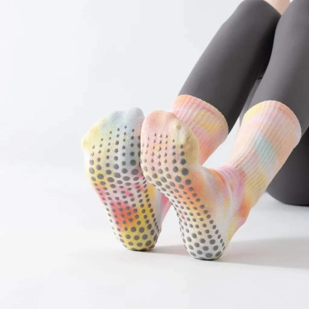Woman Yoga Socks With Tie Dye And Non Slip Grip - Pink And Yellow / one size