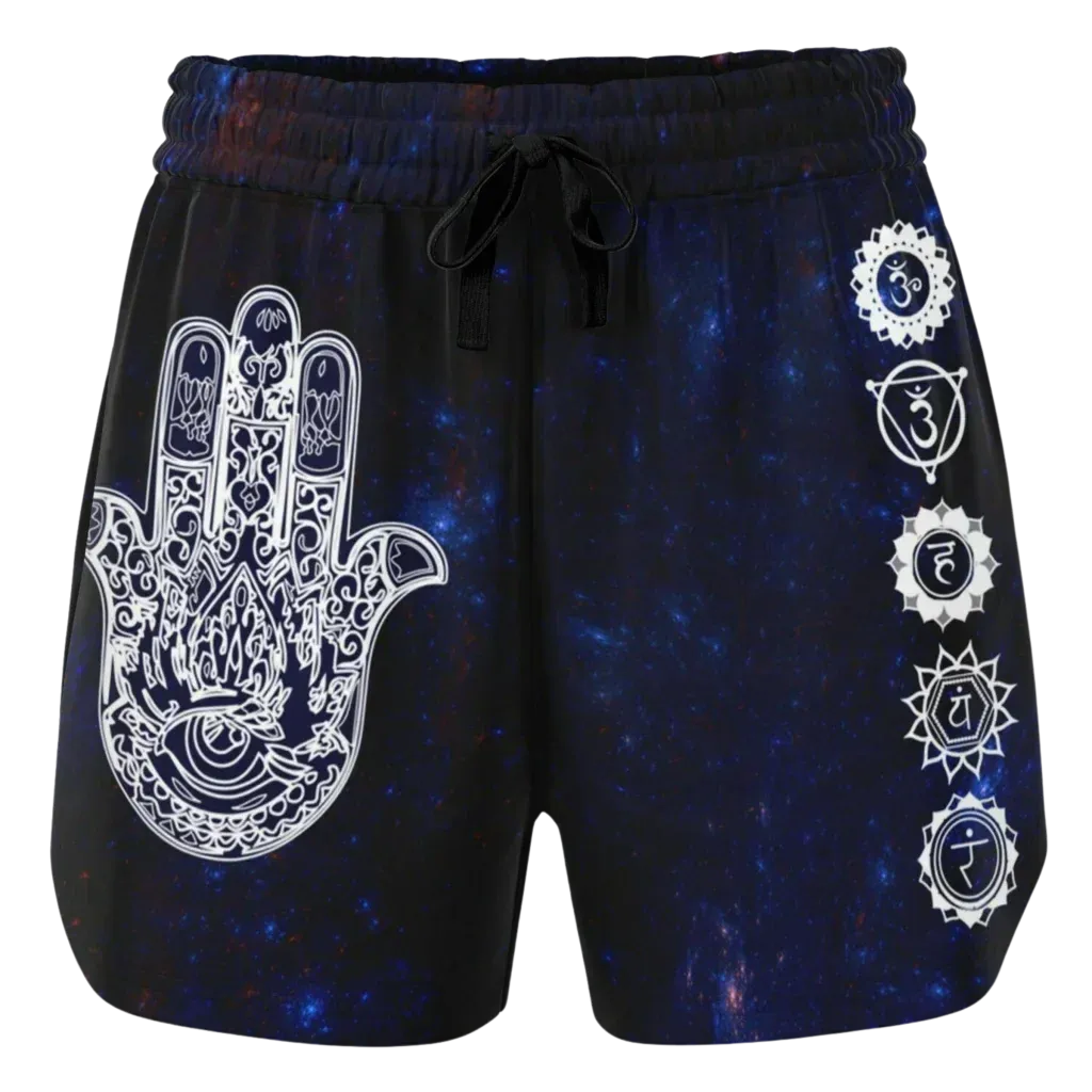 Womens Loose Shorts With Hamsa And Chakra Symbols